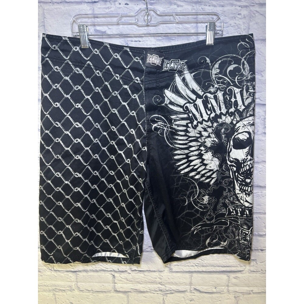 MMA ELITE Mens SHORTS Y2K All Over Print Skull Grunge Punk STYLE Size L BLACK